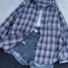 1101-1.png Plaid Oversized Shirt with Ripped Denim Shorts – Casual Street Style Combo for Women