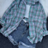 1101-2.png Plaid Oversized Shirt with Ripped Denim Shorts – Casual Street Style Combo for Women