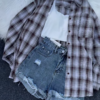 1101-3.png Plaid Oversized Shirt with Ripped Denim Shorts – Casual Street Style Combo for Women