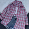 1101-4.png Plaid Oversized Shirt with Ripped Denim Shorts – Casual Street Style Combo for Women
