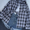 1101-5.png Plaid Oversized Shirt with Ripped Denim Shorts – Casual Street Style Combo for Women