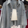 Cropped Washed Denim Shirt with White Inner – Layered Street Style Essential for Casual Chic Look