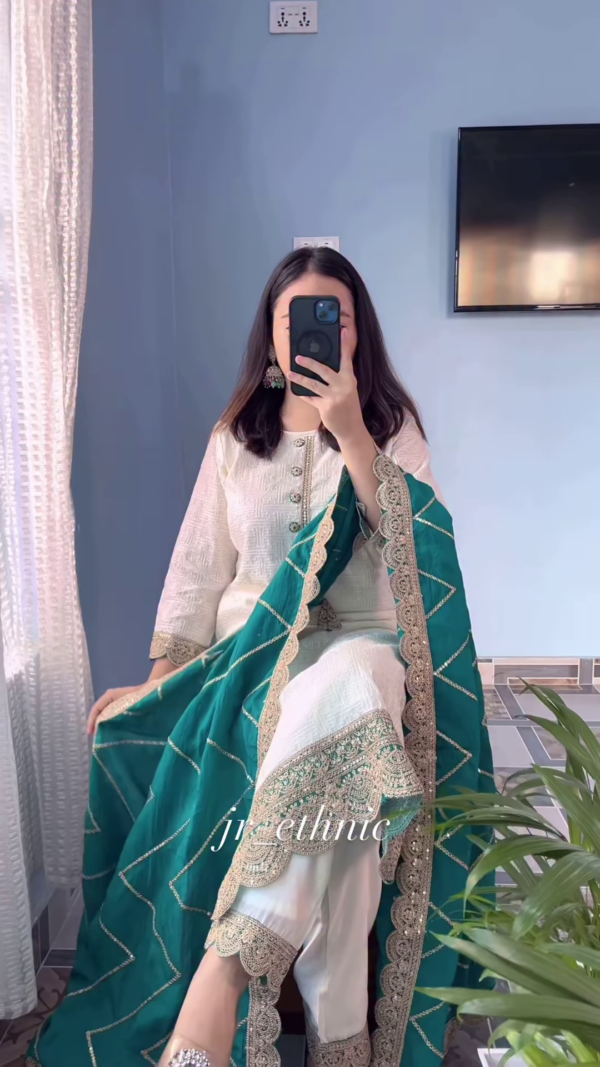 1108-2.png Elegant Cream Kurta Set with Embroidered Green Dupatta – Classy Ethnic Outfit for Festive & Formal Wear