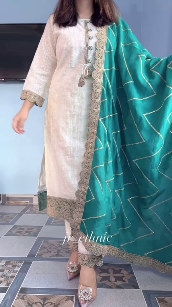 1108-3.png Elegant Cream Kurta Set with Embroidered Green Dupatta – Classy Ethnic Outfit for Festive & Formal Wear