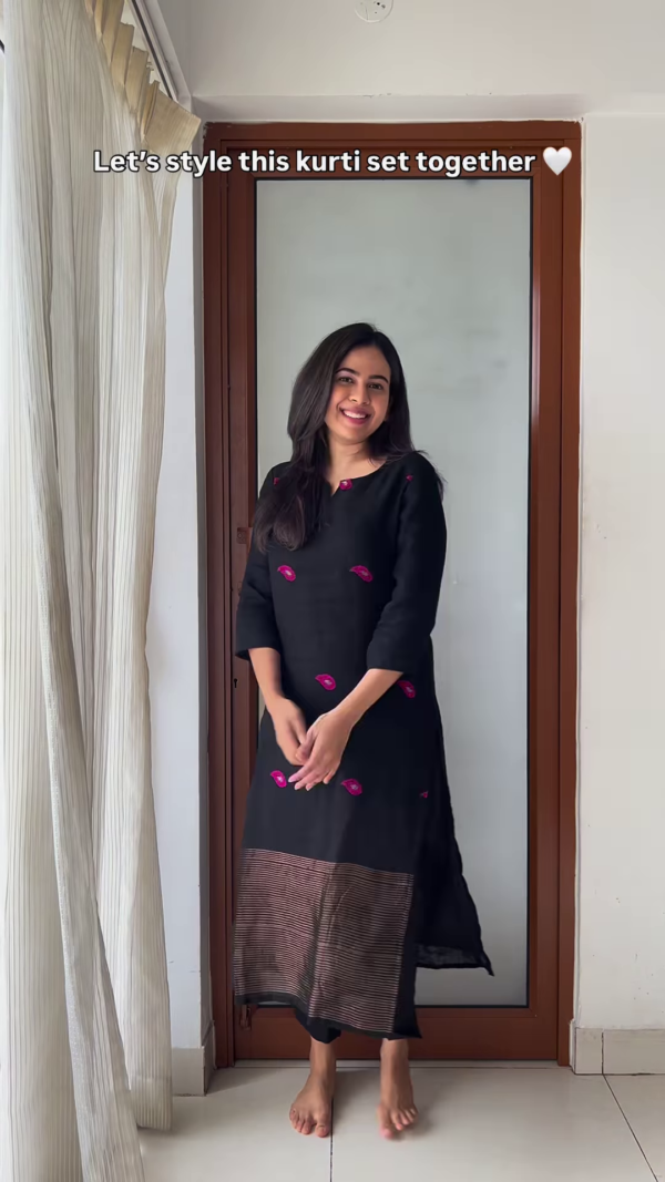Elegant Black Kurti Set with Vibrant Pink Embroidery - Stylish Women's Ethnic Wear