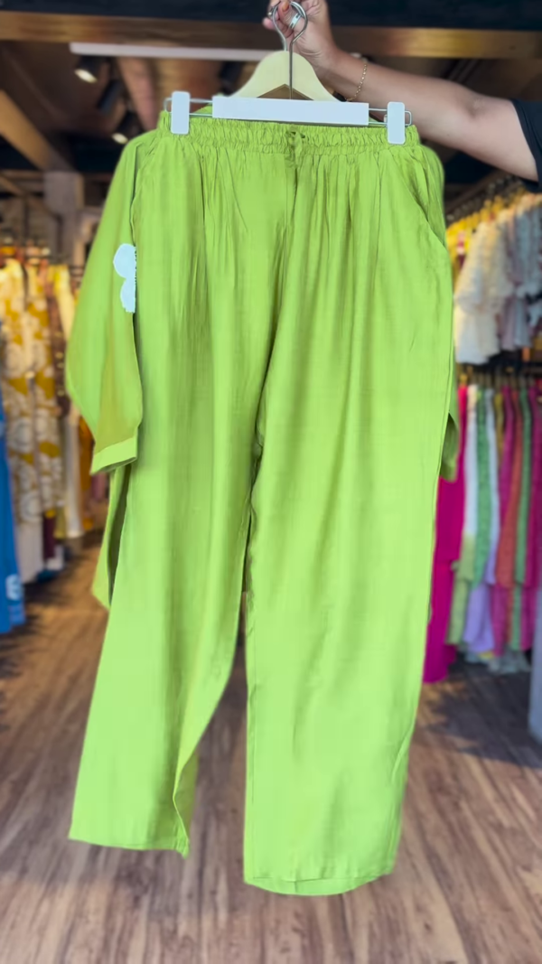 Vibrant Green Co-ord Set with Playful Floral Appliques - Chic Women's Casual Wear
