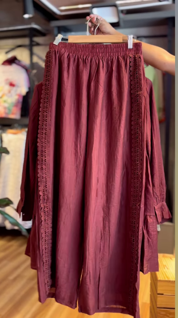 Elegant Maroon Co-ord Set with Delicate Lace Details - Stylish Women's Top and Bottoms