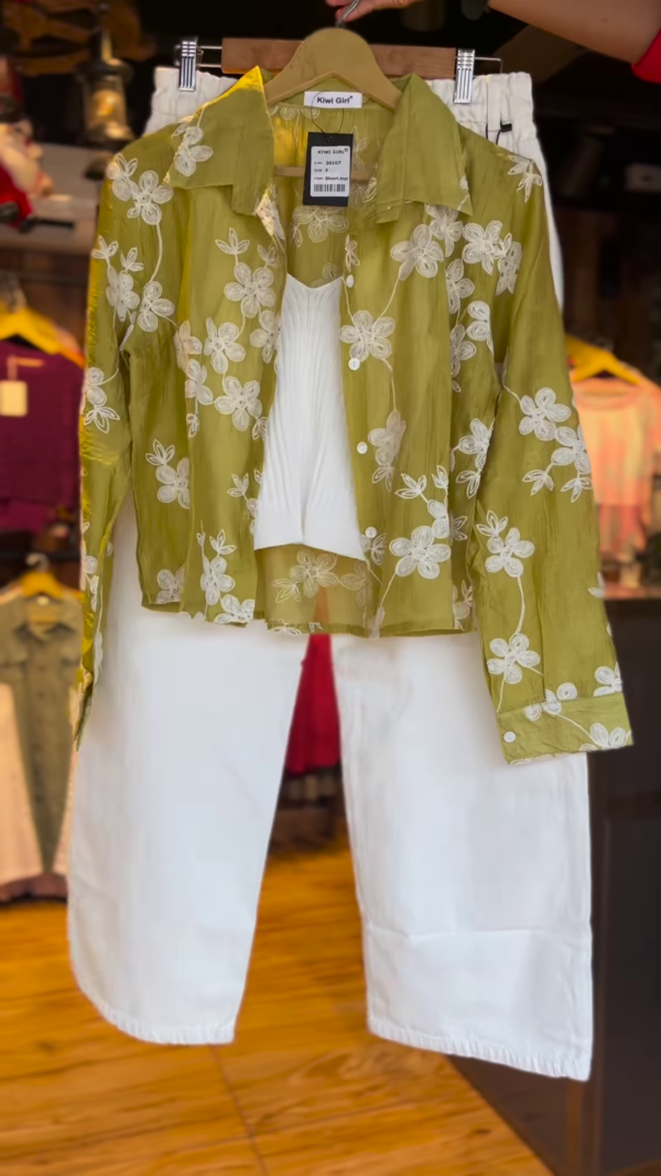 1116-2.png Elegant Olive Green Floral Embroidered Shirt & White Trousers Co-ord Set - Chic Women's Resort Wear