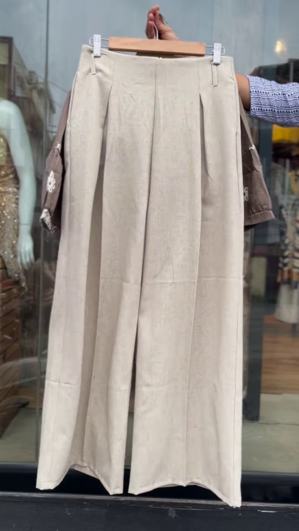 Elegant Taupe Co-ord Set with White Embroidered Details - Women's Casual Chic Outfit