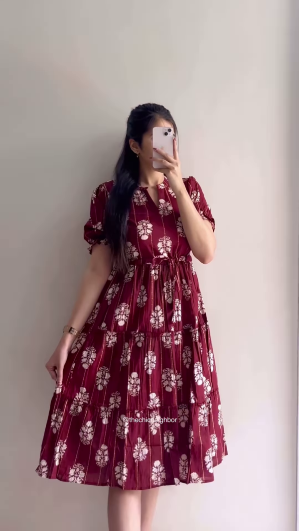 Elegant Printed Tiered Dress for Women - Stylish Maroon & White Midi Dress - Available in 6 Colors