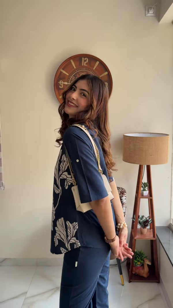 Elegant Navy Blue Floral Print Co-ord Set - Stylish Women's Top and Trousers Outfit