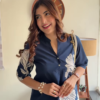 Elegant Navy Blue Floral Print Co-ord Set - Stylish Women's Top and Trousers Outfit