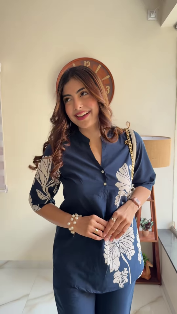 Elegant Navy Blue Floral Print Co-ord Set - Stylish Women's Top and Trousers Outfit