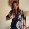 Elegant Navy Blue Floral Print Co-ord Set - Stylish Women's Top and Trousers Outfit