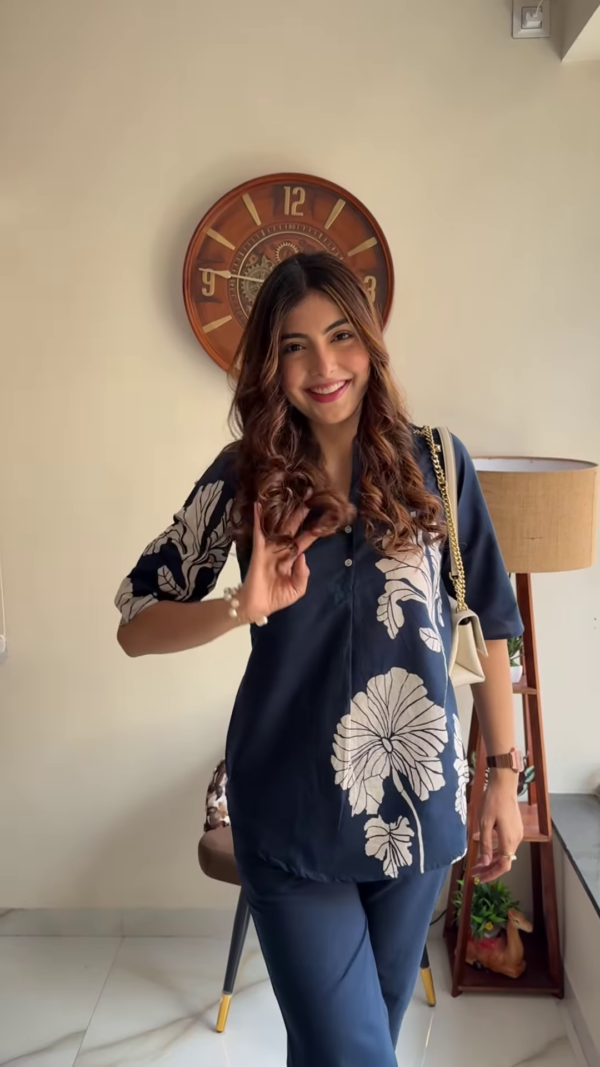 Elegant Navy Blue Floral Print Co-ord Set - Stylish Women's Top and Trousers Outfit