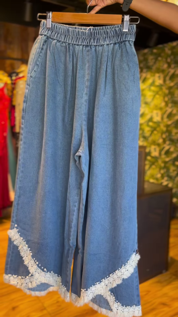 Playful Denim Wide-Leg Trousers with Colorful Flower Appliques & Lace Trim - Women's Unique Bottoms