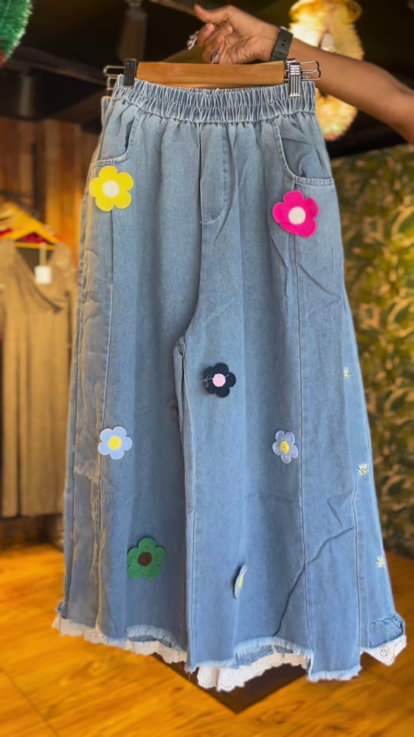 Playful Denim Wide-Leg Trousers with Colorful Flower Appliques & Lace Trim - Women's Unique Bottoms