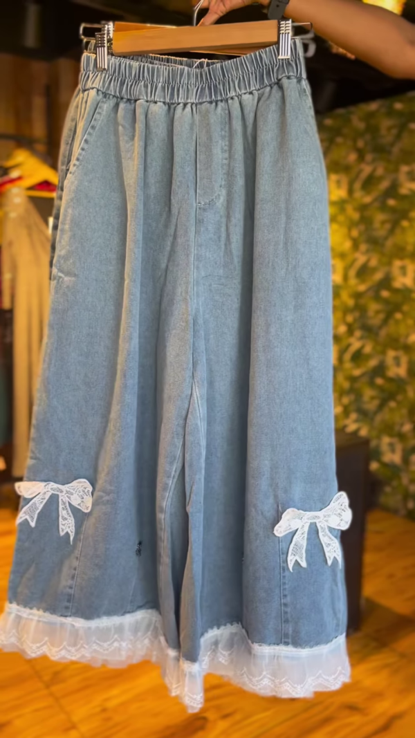 Playful Denim Wide-Leg Trousers with Colorful Flower Appliques & Lace Trim - Women's Unique Bottoms