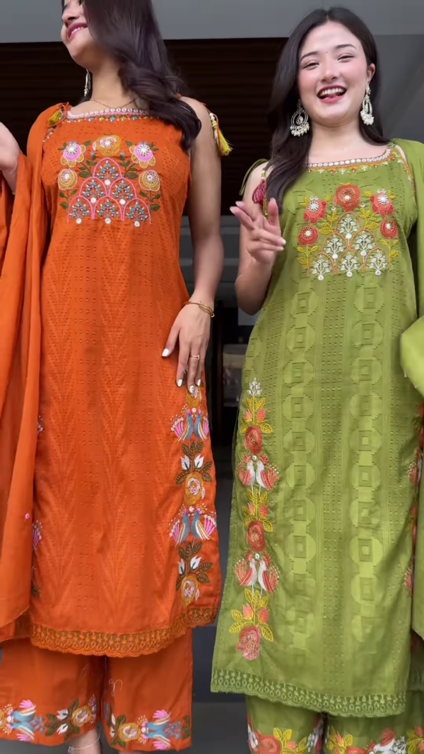 Vibrant Embroidered Ethnic Sets for Women - Orange & Olive Green Festive Wear