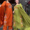 Vibrant Embroidered Ethnic Sets for Women - Orange & Olive Green Festive Wear