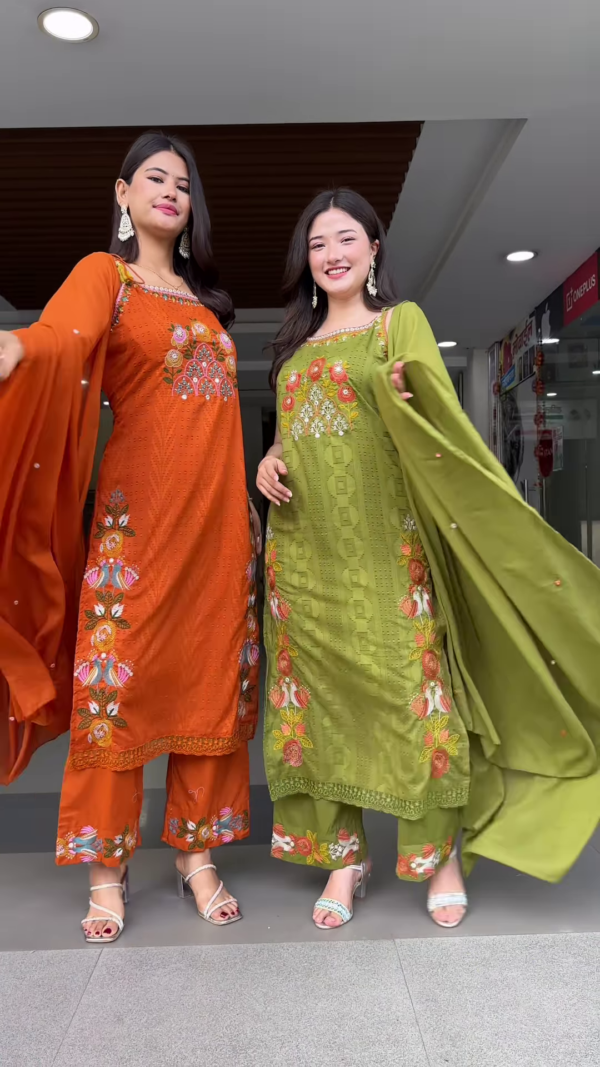 Vibrant Embroidered Ethnic Sets for Women - Orange & Olive Green Festive Wear