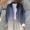 Women’s Gradient Purple-White Button-Up Shirt with Layered Necklace and Crop Top – Trendy Street Style