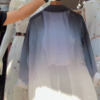 Women’s Gradient Purple-White Button-Up Shirt with Layered Necklace and Crop Top – Trendy Street Style