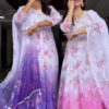 Women’s Gradient Embroidered Flared Maxi Dress – Ethnic Floral Festival Wear (Pink & Purple Variants)