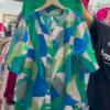 Unisex Geometric Print Button-Up Shirt with Solid Green Skirt – Contemporary Streetwear Fusion