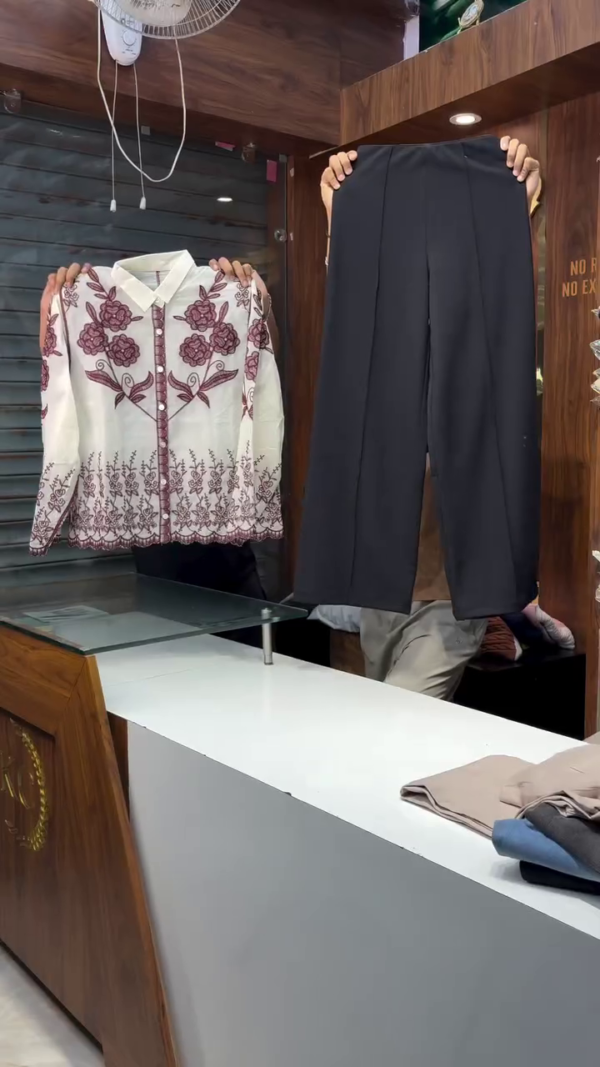 1135-1.png Unisex Maroon Embroidered White Shirt with Black Pants – Casual Ethnic Fusion Ensemble