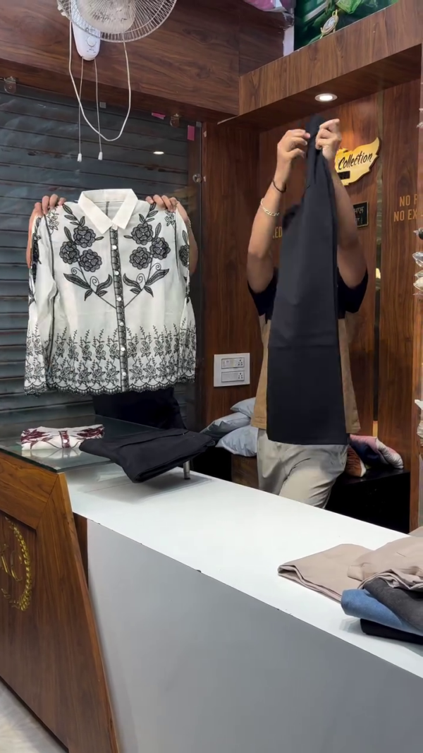 1135-3.png Unisex Maroon Embroidered White Shirt with Black Pants – Casual Ethnic Fusion Ensemble