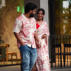 Couple’s Coordinated Ethnic Ensemble – White & Red Printed Saree with Matching Shirt and Jeans