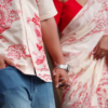 Couple’s Coordinated Ethnic Ensemble – White & Red Printed Saree with Matching Shirt and Jeans