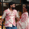 Couple’s Coordinated Ethnic Ensemble – White & Red Printed Saree with Matching Shirt and Jeans