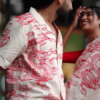 Couple’s Coordinated Ethnic Ensemble – White & Red Printed Saree with Matching Shirt and Jeans