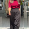 Women’s Mustard Short Sleeve T-Shirt with White Wide-Leg Pants – Minimalist Streetwear Look