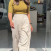 Women’s Mustard Short Sleeve T-Shirt with White Wide-Leg Pants – Minimalist Streetwear Look