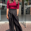 Women’s Mustard Short Sleeve T-Shirt with White Wide-Leg Pants – Minimalist Streetwear Look