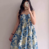 Women’s Sleeveless Blue-Beige Floral Print Maxi Dress – Lightweight Vacation-Ready Fashion