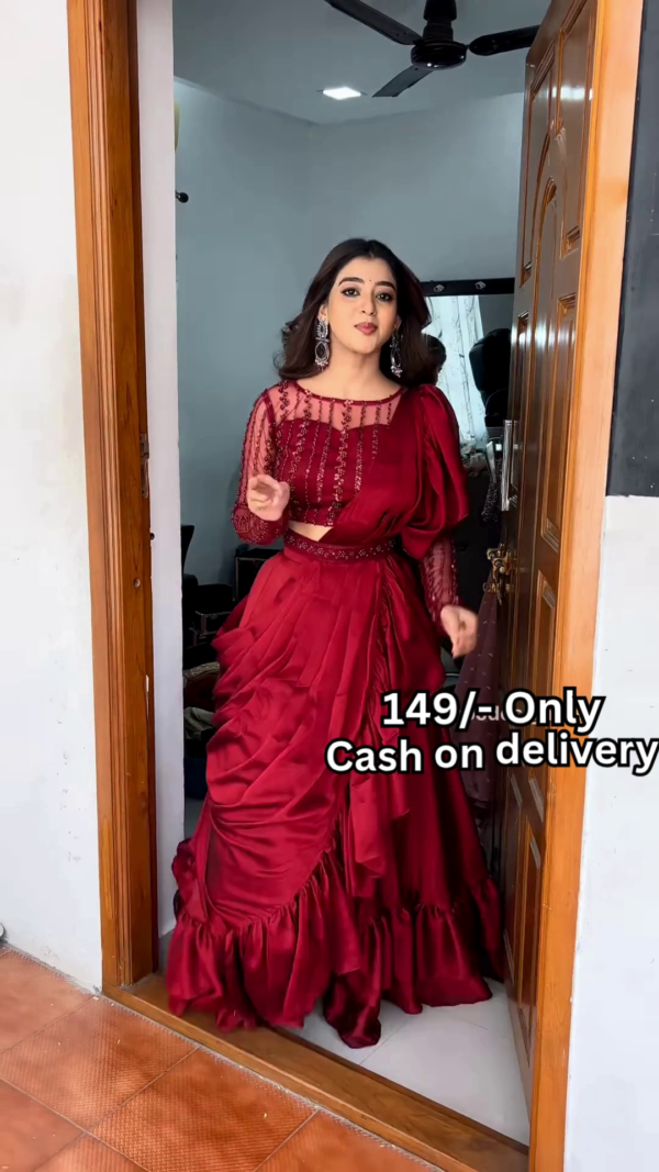 Women’s Red Embroidered Skirt Top Set with Traditional Earrings – Ethnic Doorway Portrait Ensemble