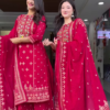 Couple’s Coordinated Red Embroidered Kurta Set with Dupattas – Festive Ethnic Portrait Ensemble