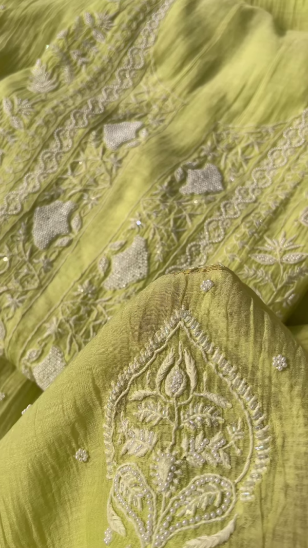 Lime Zest Embroidered Chikankari Unstitched Suit Fabric