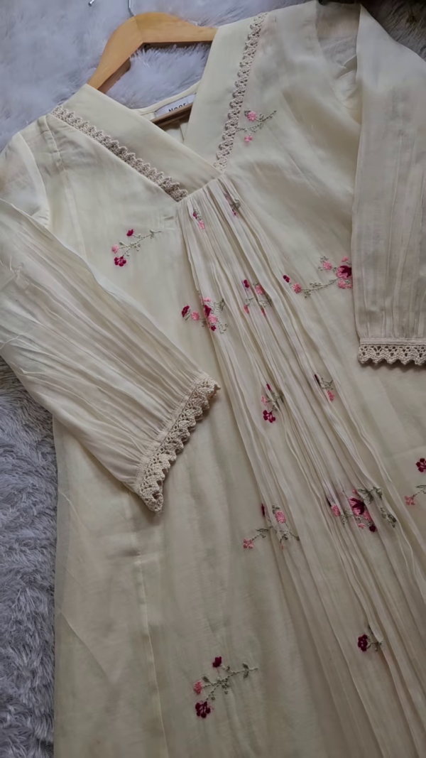 Cream Pleated Embroidered Unstitched Suit Fabric