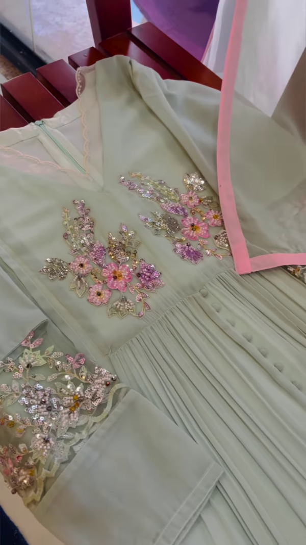 Mint Pleated Anarkali Kurta with Floral Embellishments