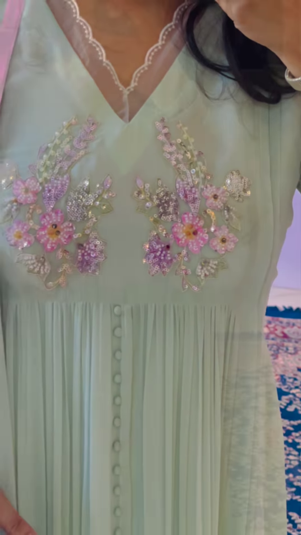 Mint Pleated Anarkali Kurta with Floral Embellishments