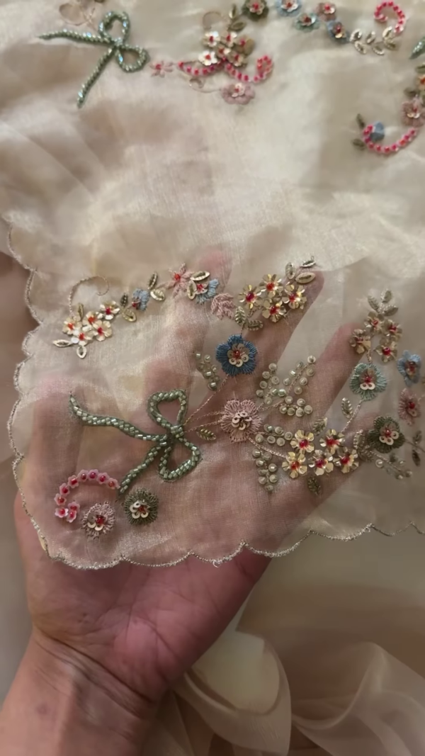 Ivory Floral Thread and Sequin Embroidered Unstitched Fabric