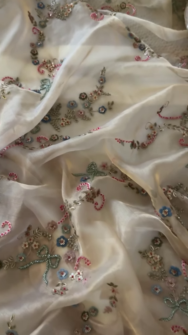 Ivory Floral Thread and Sequin Embroidered Unstitched Fabric