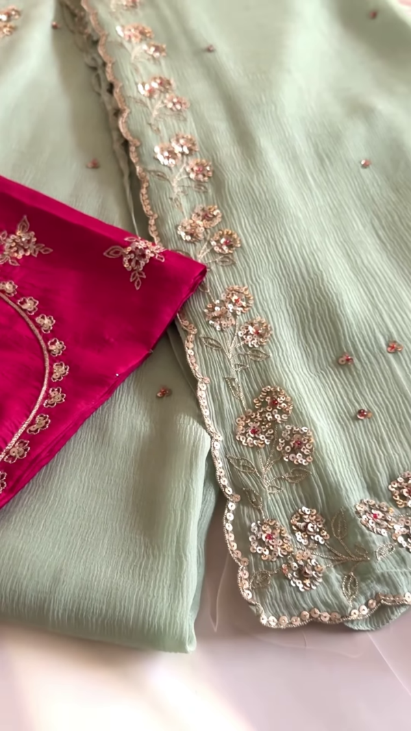 Sea Green Embellished Saree with Fuchsia Embroidered Blouse