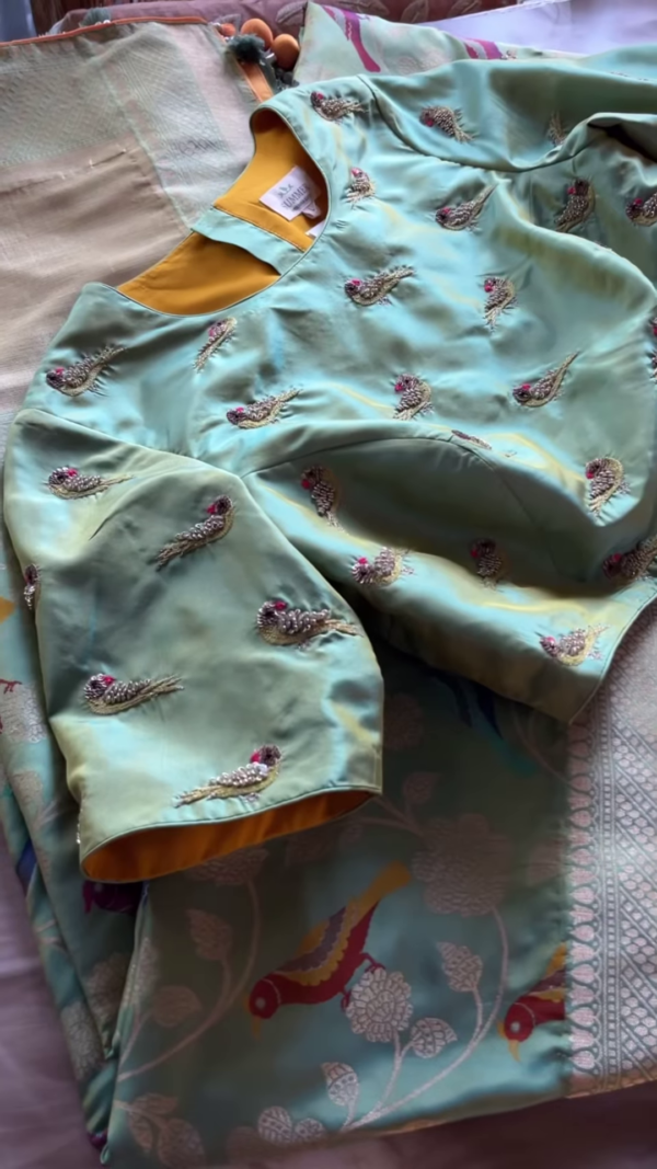 Pistachio Green Bird Motif Embroidered Saree Fabric and Blouse Piece