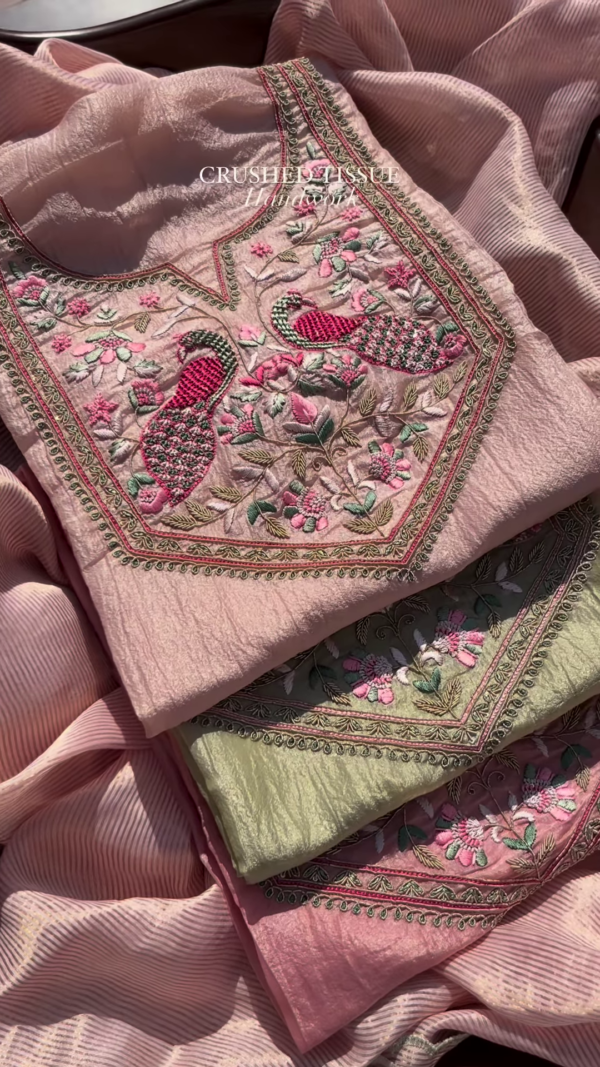 Pastel Pink and Sage Green Embroidered Unstitched Suit Set